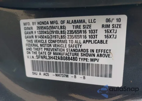 2010 Honda Odyssey Ex from USA, damaged, VIN 5FNRL3H42AB088480